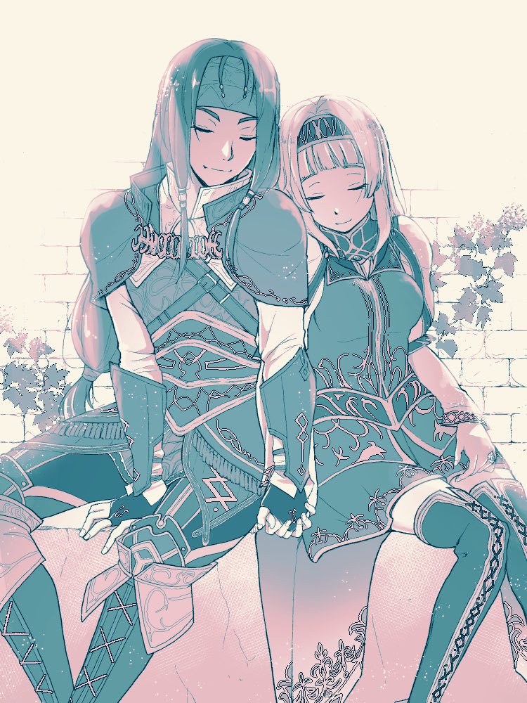 1boy 1girl alicia_(valkyrie_profile_2) armor breasts closed_eyes closed_mouth fingerless_gloves gloves hairband headband jewelry leaf long_hair monochrome overskirt puffy_sleeves ring rufus_(valkyrie_profile) skirt smile thigh-highs valkyrie_profile valkyrie_profile_2 yuiki_wakana