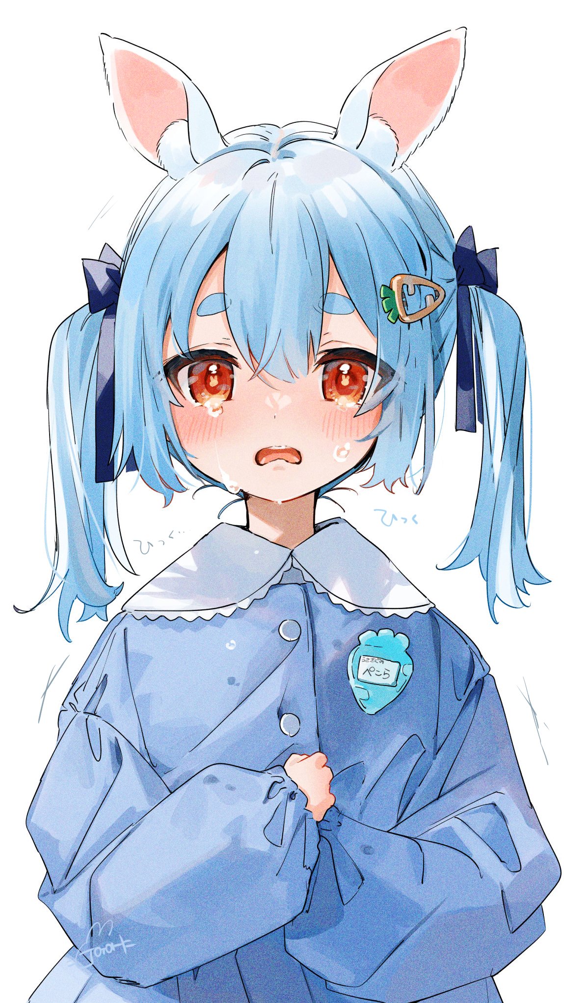 1girl animal_ear_fluff animal_ears bangs blue_hair blue_ribbon blue_shirt blush bunny-shaped_pupils buttons carrot_hair_ornament crying crying_with_eyes_open food-themed_hair_ornament gotoh510 hair_ornament hair_ribbon highres hololive long_sleeves looking_at_viewer medium_hair open_mouth puffy_long_sleeves puffy_sleeves rabbit_ears red_eyes ribbon shirt simple_background sleeves_past_wrists solo symbol-shaped_pupils tears thick_eyebrows twintails usada_pekora virtual_youtuber white_background younger