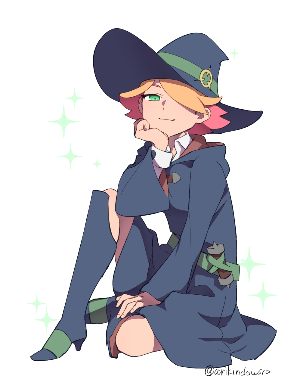 1girl amanda_o'neill arikindows10 green_eyes hat highres little_witch_academia looking_at_viewer multicolored_hair orange_hair redhead robe shirt short_hair sitting skirt solo two-tone_hair white_background witch_hat