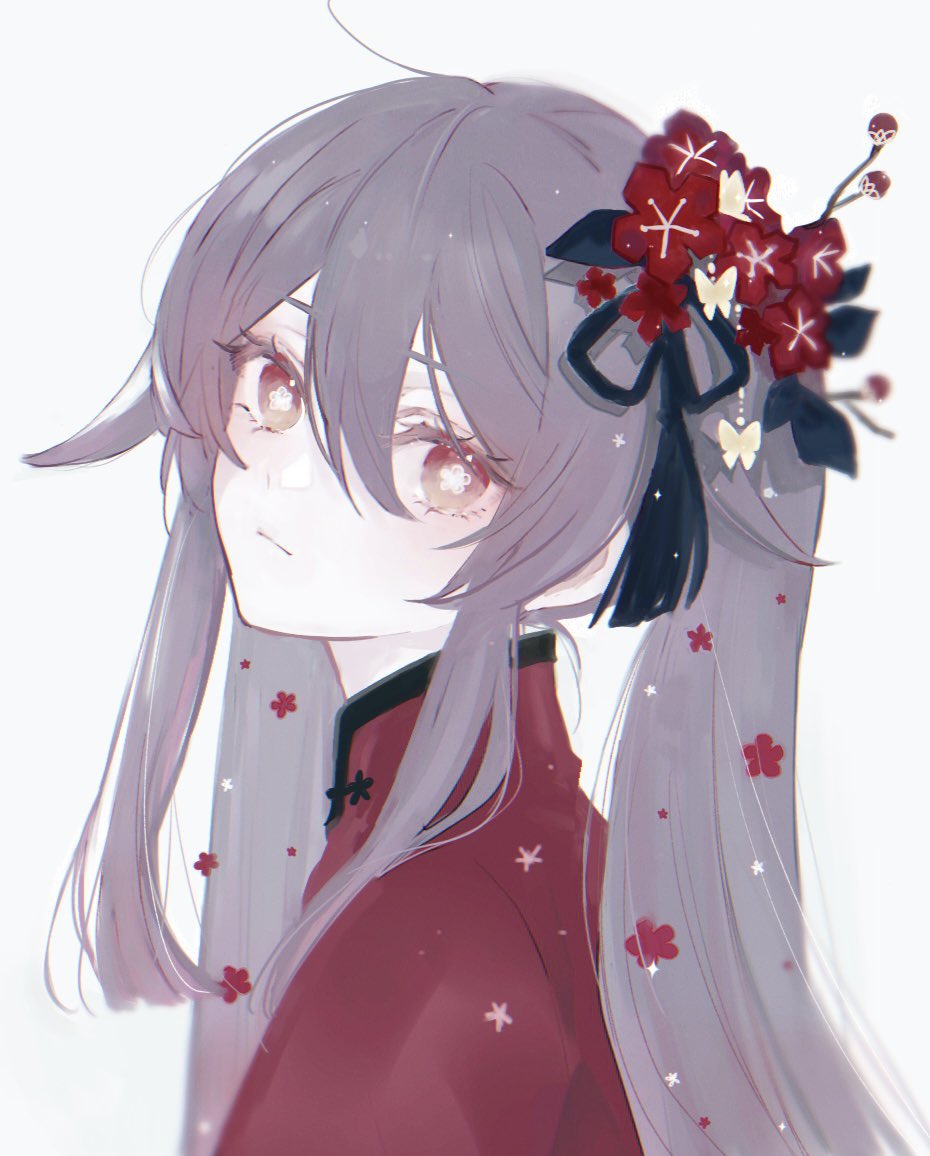 10ofton10 1girl black_ribbon brown_hair butterfly_hair_ornament commentary expressionless flower flower-shaped_pupils genshin_impact grey_background hair_branch hair_flaps hair_flower hair_ornament hair_ribbon hair_tassel head_tilt hu_tao_(genshin_impact) long_hair looking_at_viewer red_eyes red_flower red_shirt ribbon shirt simple_background solo symbol-shaped_pupils twintails upper_body very_long_hair