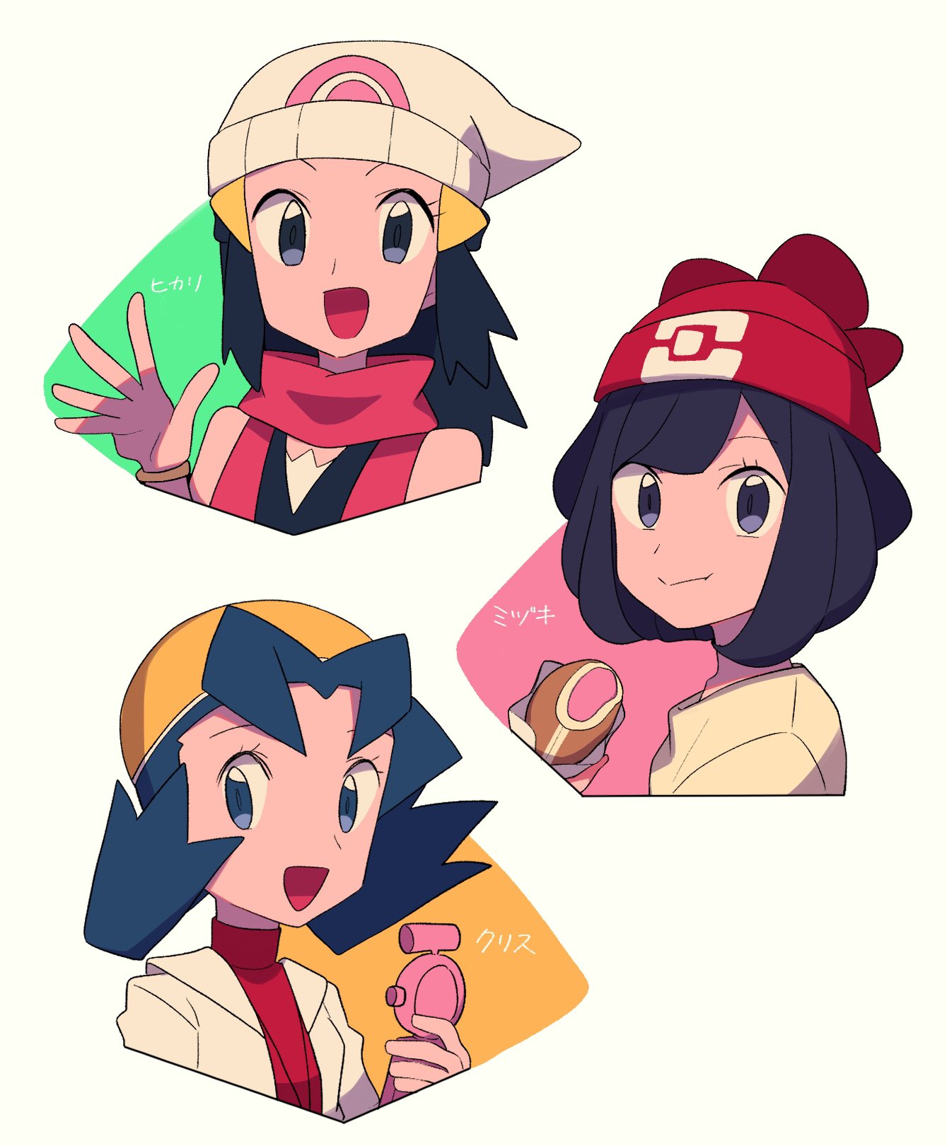 3girls :d bangs beanie black_hair black_shirt bracelet character_name closed_mouth commentary_request eating food grey_eyes hair_ornament hairclip hand_up hat highres hikari_(pokemon) holding jacket jewelry kris_(pokemon) long_hair malasada multiple_girls open_mouth parted_bangs poke_ball_print pokemon pokemon_(game) pokemon_dppt pokemon_gsc pokemon_sm red_headwear red_shirt selene_(pokemon) shirt short_hair sleeveless sleeveless_shirt smile spread_fingers tongue tyako_089 white_headwear white_jacket yellow_headwear