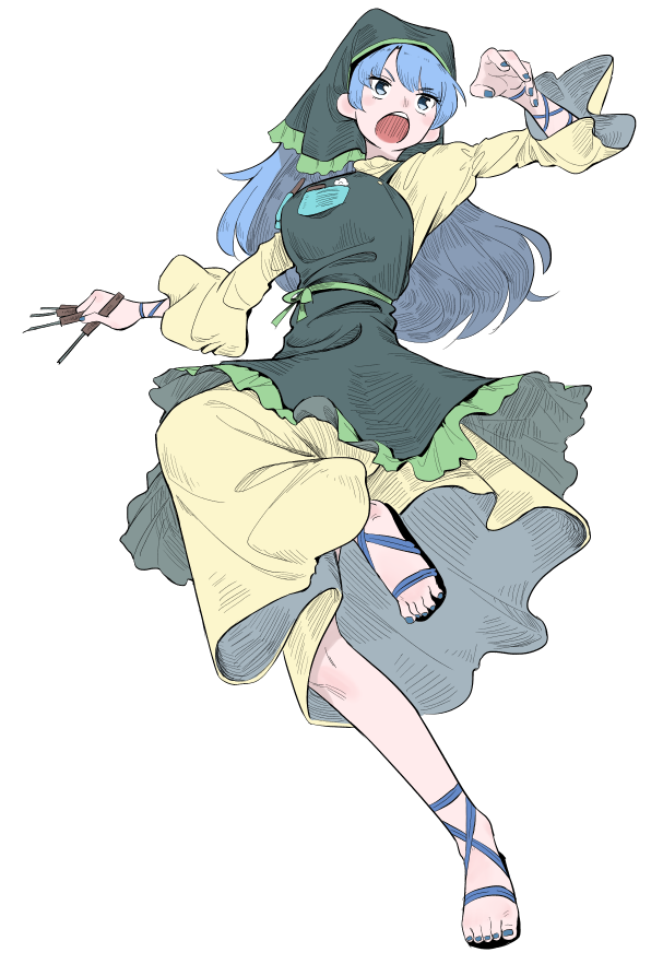 1girl angry apron blue_eyes blue_hair blue_nails chisel dress eyebrows_visible_through_hair frogsnake green_apron green_headwear green_hood haniyasushin_keiki head_scarf long_hair looking_at_viewer nail_polish open_mouth sandals shouting simple_background single_strap solo teeth tools touhou upper_teeth white_background wood_carving_tool yellow_dress