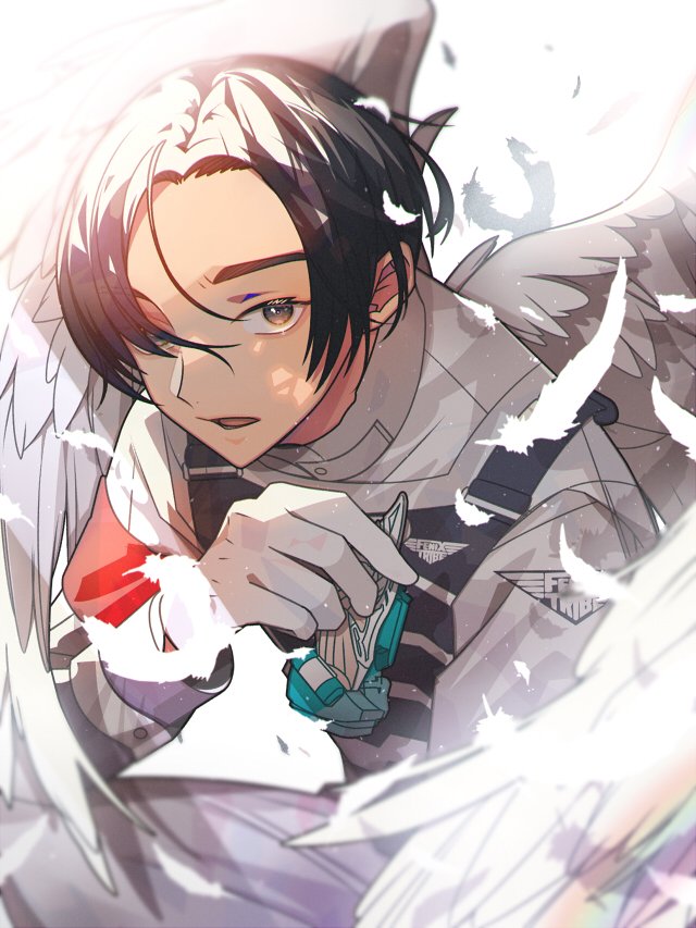 1boy ahoge angel_wings armband black_hair chain commentary_request eyebrows feathered_wings feathers fenix_uniform gloves glowing hito01 igarashi_daiji kamen_rider kamen_rider_revice looking_at_viewer male_focus pants shirt short_hair simple_background vest vistamp white_wings wing_genome wings yellow_eyes