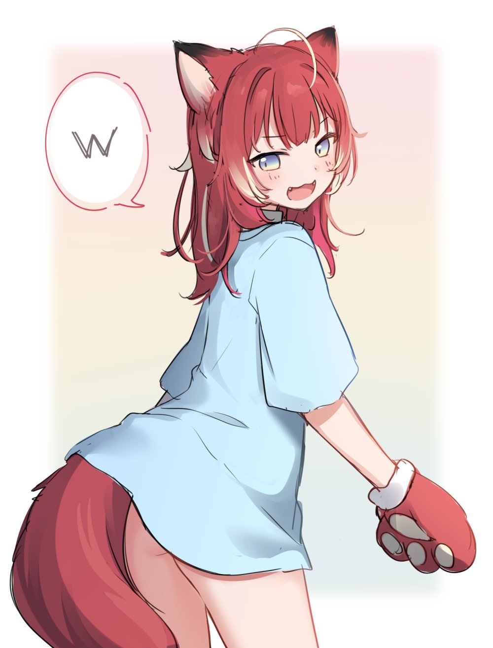 1girl :3 :d ahoge akami_karubi amashiro_natsuki animal_ear_fluff animal_ears animal_hands ass bangs blue_eyes blue_shirt commentary eyebrows_visible_through_hair fangs gloves highres indie_virtual_youtuber long_hair looking_at_viewer looking_back multicolored_hair paw_gloves red_gloves redhead shirt short_sleeves smile solo spoken_letter streaked_hair tail v-shaped_eyebrows virtual_youtuber