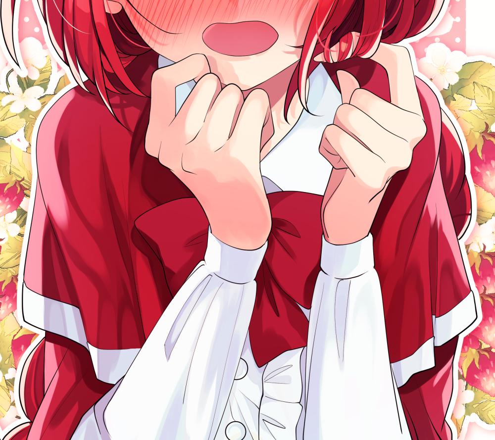 1girl blush bow bowtie capelet commentary_request embarrassed food fruit hair_twirling head_out_of_frame katayama_kei leaf long_sleeves nose_blush okazaki_yumemi open_mouth playing_with_hair playing_with_own_hair red_bow red_bowtie red_capelet redhead shirt strawberry touhou touhou_(pc-98) white_shirt