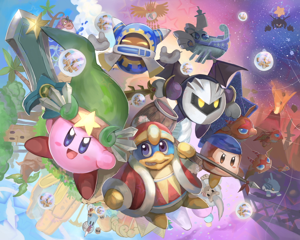 anniversary armor blue_eyes blue_hair cape commentary_request everyone fire galaxia_(sword) gloves hat holding king_dedede kirby kirby's_dream_land kirby's_return_to_dream_land kirby_(series) looking_at_viewer magolor mask meta_knight molten_rock momoko_(nihontou) no_humans open_mouth smile sword volcano weapon wings yellow_eyes