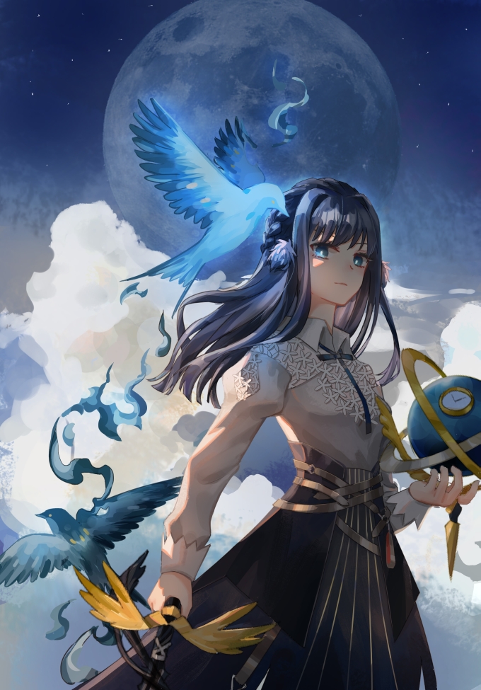 animal_ears arknights astesia_(arknights) bird bird_ears blue_hair blue_neckwear blue_ribbon bright_pupils celestial_sphere clouds collared_shirt gold_trim holding holding_sword holding_weapon light_smile long_hair looking_at_viewer moon outdoors ribbon shirt slms spirit star_(sky) sword weapon white_pupils white_shirt winged_sword