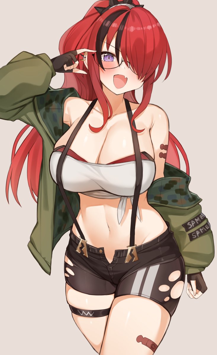 1girl :d bandeau bangs bare_shoulders bike_shorts bike_shorts_under_shorts black_hair black_shorts blush bra breasts camouflage camouflage_jacket ear_piercing fang fingerless_gloves gloves green_jacket hair_over_one_eye highres jacket lain_paterson large_breasts long_hair looking_at_viewer micro_shorts multicolored_hair navel nijisanji off_shoulder open_clothes open_fly open_shorts piercing ponytail pouch red_bra redhead shirt shorts skin_fang skindentation smile solo stomach strapless strapless_bra streaked_hair suspender_shorts suspenders thigh_strap tied_shirt tube_top tyoko_tanuki16 underwear violet_eyes virtual_youtuber white_tube_top