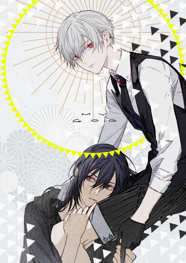 2boys black_gloves black_hair bright_pupils closed_mouth earrings eyebrows_visible_through_hair floral_background flower gloves green_eyes grey_hair hair_between_eyes half_gloves hand_on_another's_shoulder hatching_(texture) heterochromia holding holding_hands jewelry kazari_tayu long_hair looking_at_viewer male_focus multiple_boys original parted_lips patterned red_eyes sleeves_rolled_up striped striped_legwear violet_eyes white_pupils