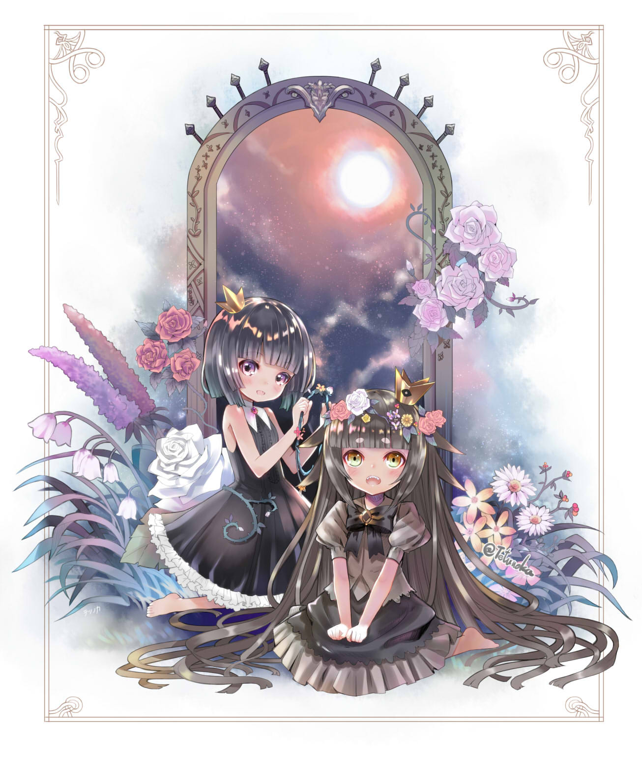 2girls bare_shoulders barefoot black_bow black_dress black_hair blush bow bowtie brooch collared_dress commentary_request crown dress flower frilled_dress frills full_body full_moon hair_flaps hair_flower hair_ornament highres jewelry juliet_sleeves liar_princess long_hair long_sleeves mini_crown moon multiple_girls open_mouth puffy_short_sleeves puffy_sleeves rose rose_(rose_to_tasogare_no_kojou) rose_to_tasogare_no_kojou short_hair short_sleeves sitting sleeveless sleeveless_dress smile tetsunoka usotsuki_hime_to_moumoku_ouji v_arms very_long_hair wreath
