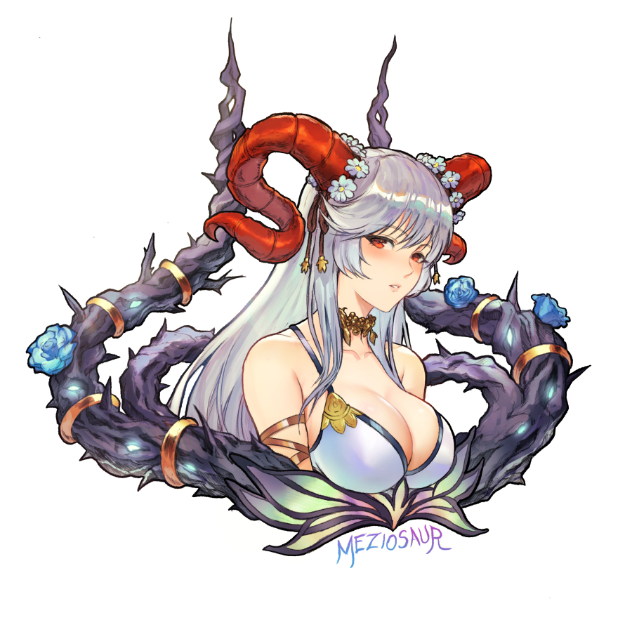 1girl artist_name bangs bare_shoulders blush breasts collarbone detached_collar fire_emblem fire_emblem_heroes flower freyja_(fire_emblem) goat_horns hair_ornament horns large_breasts lips long_hair looking_at_viewer meziosaur parted_lips red_eyes shiny shiny_hair shiny_skin signature silver_hair simple_background sleeveless thorns upper_body