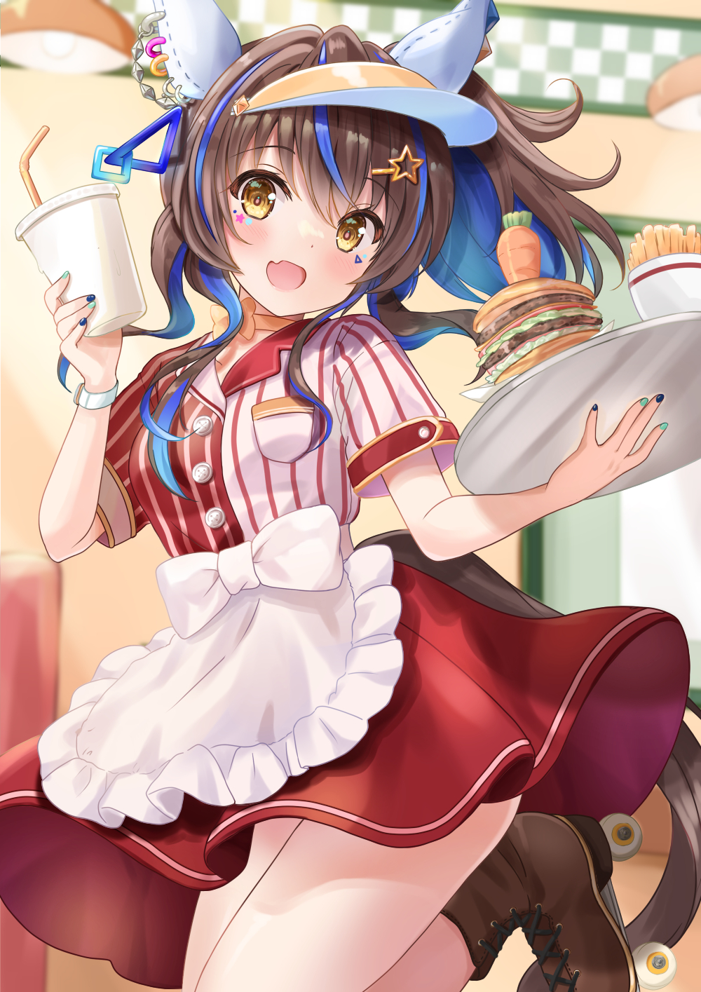 1girl alternate_costume animal_ears burger cup daitaku_helios_(umamusume) fang food french_fries hair_ornament hairclip highres horse_ears horse_girl horse_tail leg_up looking_at_viewer motoi_ayumu open_mouth skates solo tail tray two_side_up umamusume visor_cap yellow_eyes