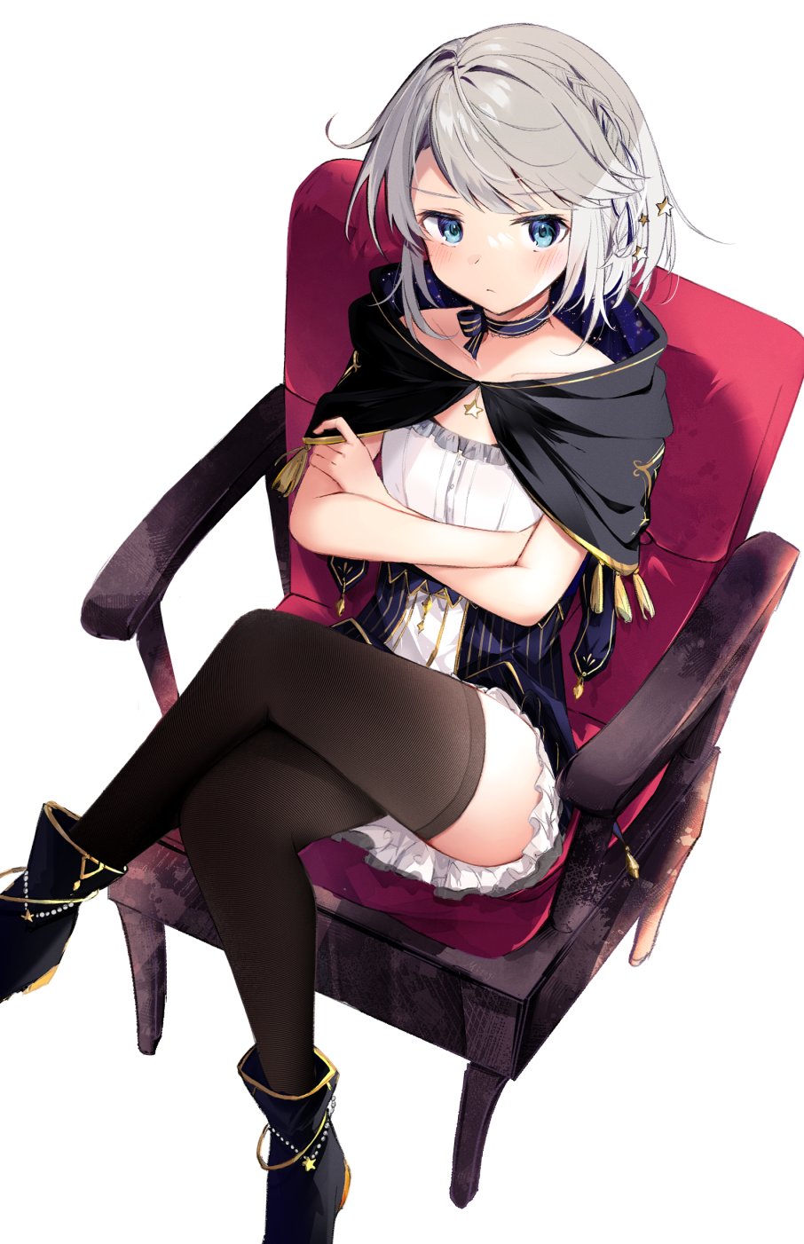 1girl arms_under_breasts black_legwear blue_eyes blush boots braid breasts capelet choker closed_mouth collarbone commentary crossed_arms crossed_legs eyebrows_visible_through_hair frown full_body hair_ornament highres looking_at_viewer miniskirt on_chair original shirt short_hair sitting skirt sleeveless sleeveless_shirt small_breasts solo star_(symbol) star_hair_ornament strapless strapless_shirt thigh-highs thighs watanai72 white_hair white_skirt zettai_ryouiki