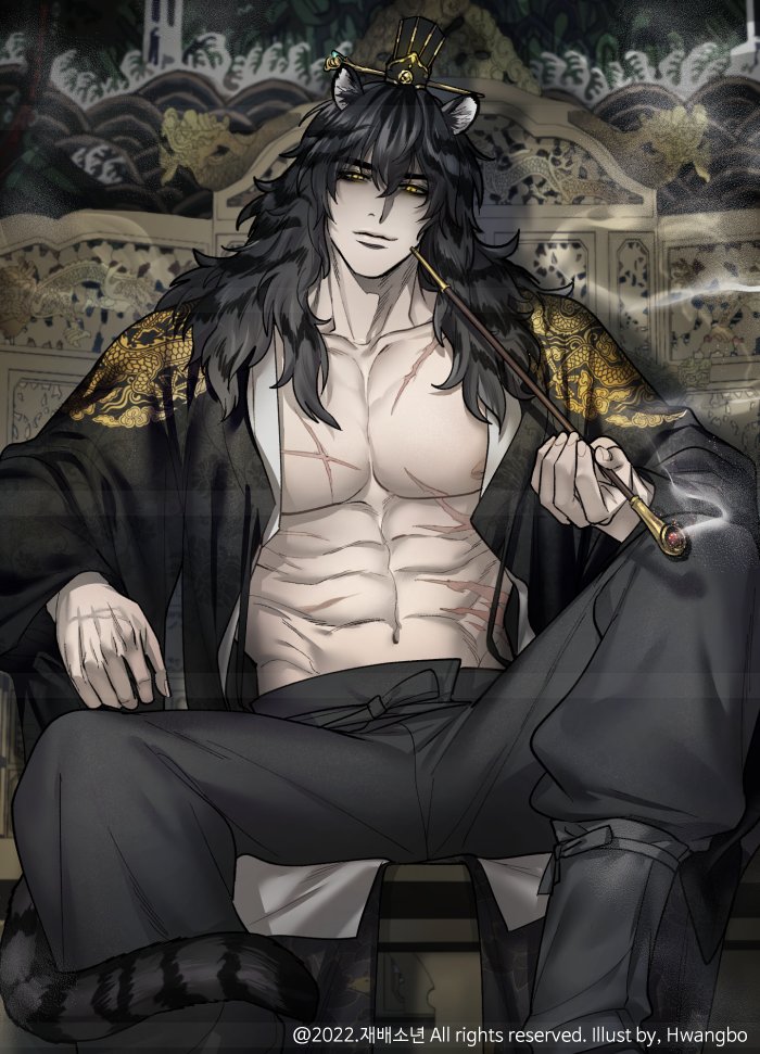 1boy abs animal_ears black_hair black_pants black_robe black_tail character_request commentary_request crown holding korean_commentary long_hair long_sleeves looking_at_viewer male_focus muscular muscular_male open_clothes open_shirt pants pectorals pipe pongdyu_(hbscribble) saibai_shounen scar sitting smoke smoking throne tiger_ears yellow_eyes