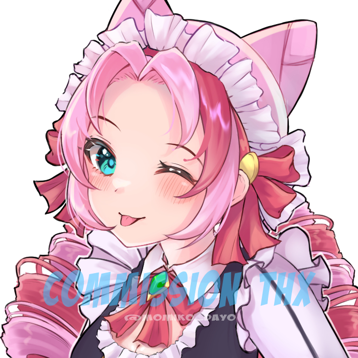 1girl alternate_hair_color artist_name bangs blush cafe_cuties_gwen commission green_eyes grey_background gwen_(league_of_legends) hair_cones league_of_legends long_hair long_sleeves looking_at_viewer maid_headdress momikodayo neck_ribbon official_alternate_costume one_eye_closed parted_bangs pink_hair portrait red_ribbon redhead ribbon shiny shiny_hair simple_background solo tongue tongue_out watermark