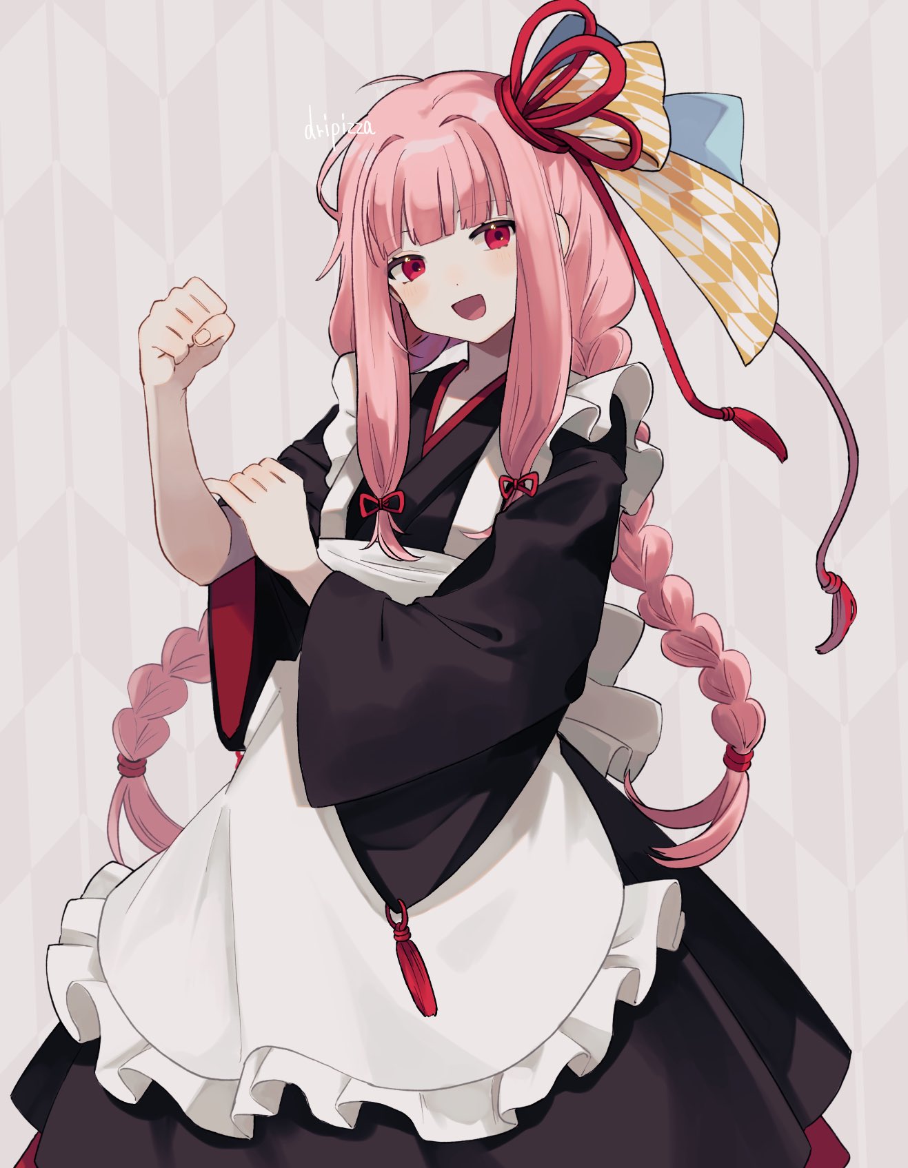 1girl alternate_costume apron bangs blush braid bras_d'honneur dripizza frilled_apron frills hair_ornament hair_ribbon hand_on_own_arm highres japanese_clothes kotonoha_akane long_hair looking_at_viewer open_mouth pink_hair red_eyes red_ribbon ribbon sidelocks signature simple_background solo tassel twin_braids voiceroid wa_maid white_apron