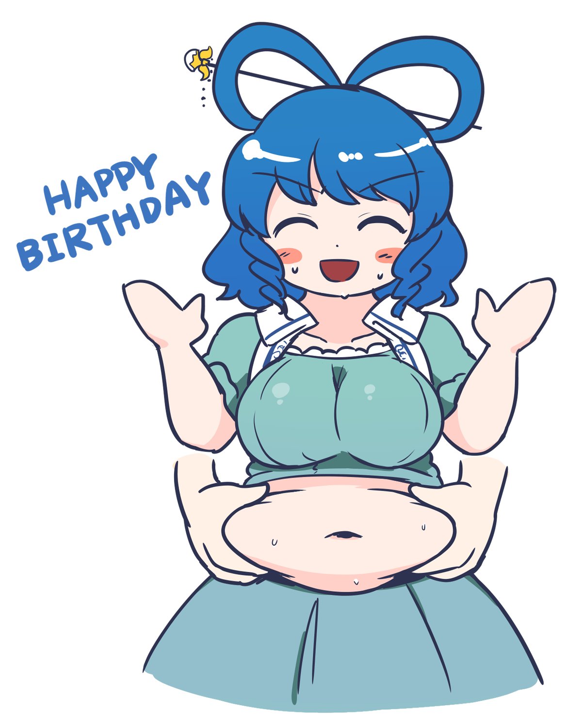 1girl :d belly blue_hair blush blush_stickers breasts closed_eyes cropped_legs disembodied_limb dress fat hair_ornament hair_rings hair_stick hands_up happy_birthday highres itatatata kaku_seiga large_breasts navel open_mouth puffy_short_sleeves puffy_sleeves short_hair short_sleeves simple_background smile solo sweat touhou v-shaped_eyebrows vest white_background