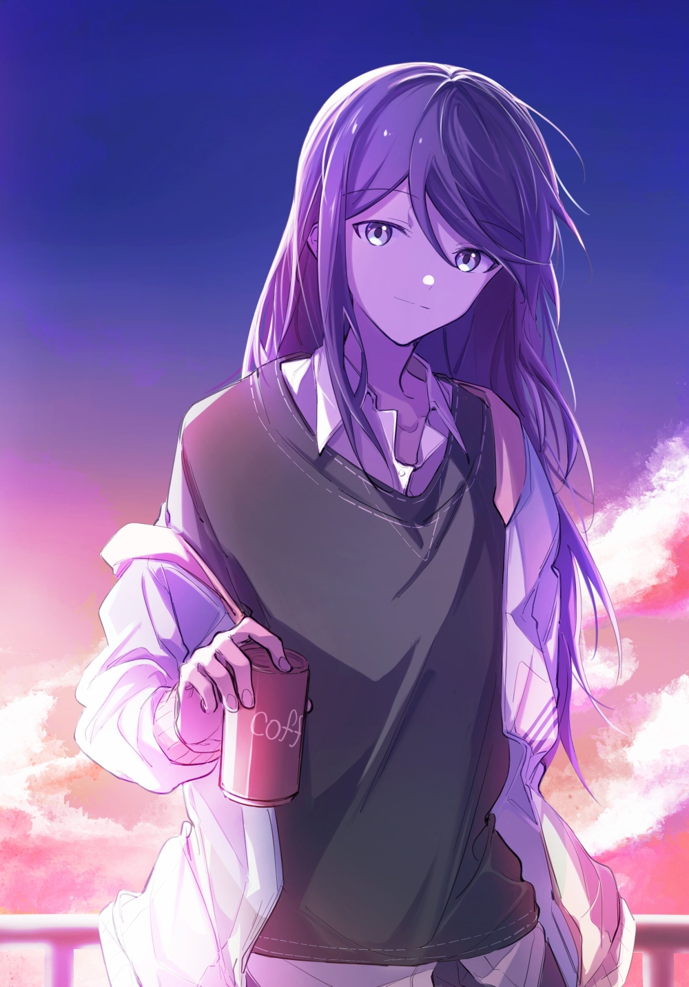 1girl backlighting bangs black_hair can canned_coffee clear_sky closed_mouth clouds cloudy_sky collarbone collared_shirt dot_nose evening eyebrows_visible_through_hair flat_chest gradient gradient_sky grey_eyes grey_sweater hibioes highres holding holding_can hoshino_ichika_(project_sekai) jacket jacket_removed leo/need_(project_sekai) light_smile long_hair looking_at_viewer open_clothes open_jacket orange_sky outdoors pink_sky project_sekai purple_sky railing shirt sky solo sunlight sweater swept_bangs tsurime upper_body white_jacket white_shirt