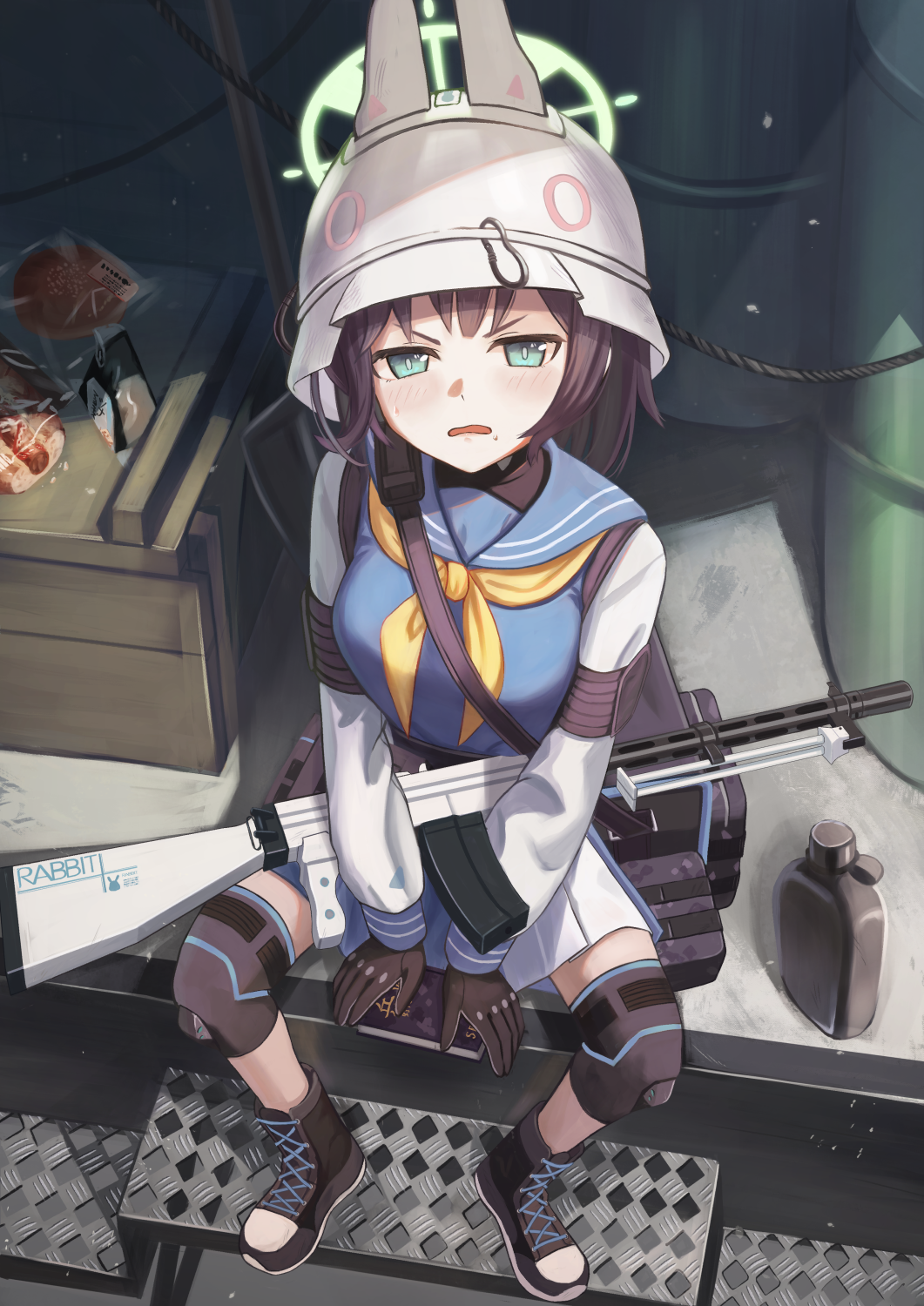 annoyed barrel black_hair blue_archive blue_eyes blush boots breasts canteen commentary_request crate food gloves gun halo helmet highres knee_pads light_machine_gun looking_at_viewer medium_breasts saki_(blue_archive) school_uniform serafuku short_hair sitting tactical_clothes weapon yanoyoru