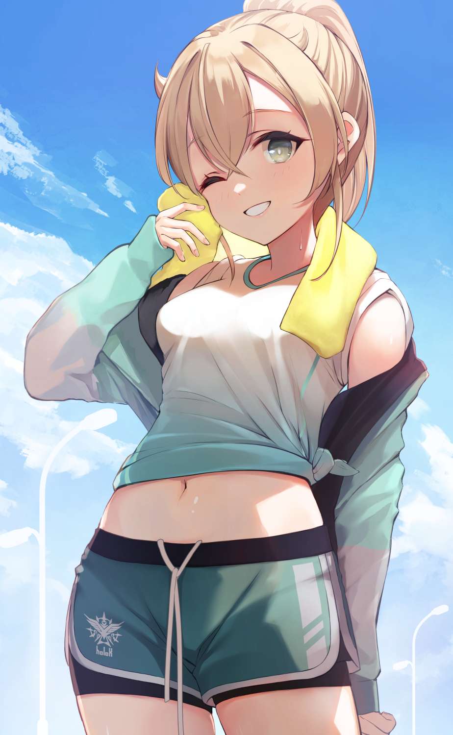 1girl bangs blonde_hair blue_sky blush breasts clouds cloudy_sky commentary_request cowengium day fingernails gradient gradient_clothes gym_uniform highres hololive jacket kazama_iroha lips long_hair looking_at_viewer medium_breasts midriff navel off_shoulder one_eye_closed open_clothes open_jacket outdoors parted_lips ponytail shiny shiny_skin shorts simple_background sky sleeves_past_wrists smile solo spandex towel towel_around_neck track_jacket virtual_youtuber