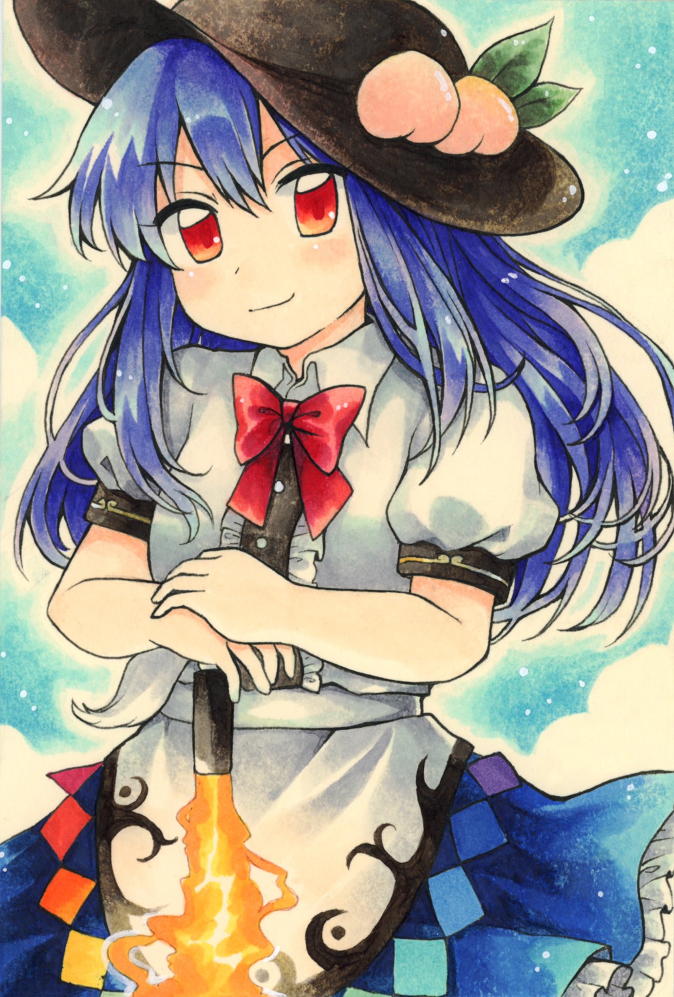 1girl black_headwear blue_hair blue_skirt blush bow bowtie breasts closed_mouth clouds cloudy_sky collared_shirt commentary_request eyebrows_visible_through_hair flaming_sword flaming_weapon frilled_skirt frills happy hat head_tilt highres hinanawi_tenshi long_hair looking_at_viewer maa_(forsythia1729) marker_(medium) peach_hat_ornament puffy_short_sleeves puffy_sleeves rainbow_order red_bow red_bowtie red_eyes shirt short_sleeves skirt sky small_breasts smile sword_of_hisou touhou traditional_media white_shirt