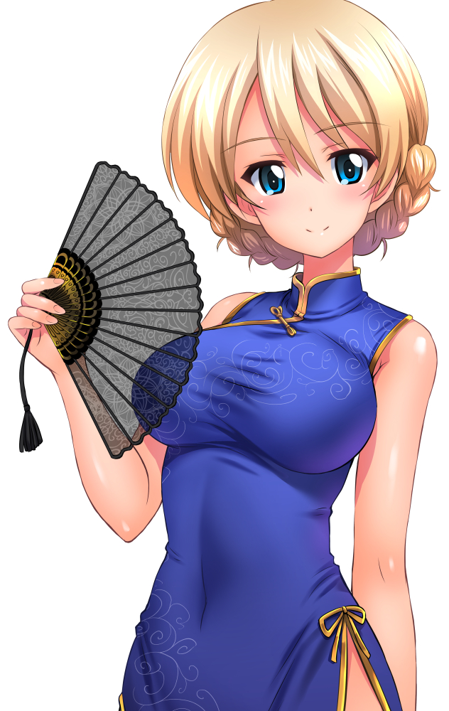 1girl bangs blonde_hair blue_dress blue_eyes braid breasts china_dress chinese_clothes darjeeling_(girls_und_panzer) dress girls_und_panzer kamogawa_tanuki large_breasts looking_at_viewer solo white_background