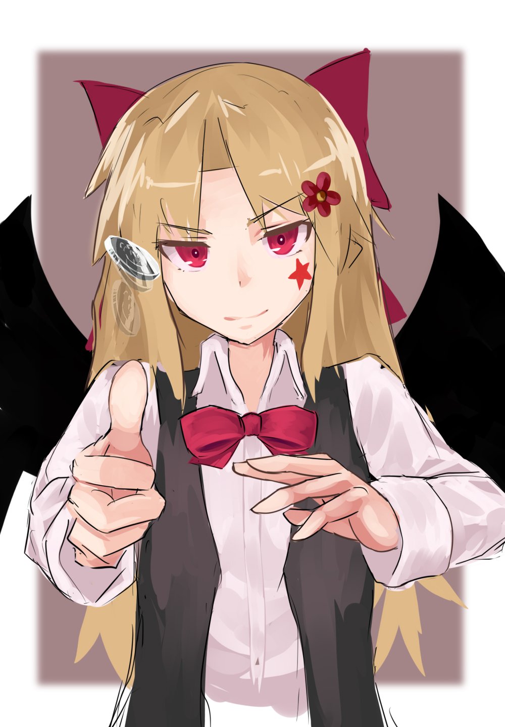 1girl bat_girl bat_wings black_vest blonde_hair border bow bowtie brown_background closed_mouth coin collared_shirt commentary_request elis_(touhou) facial_mark flower hair_bow hair_flower hair_ornament highres kamiya_ueshi long_hair long_sleeves open_clothes open_vest red_bow red_bowtie red_eyes red_flower shirt simple_background smile star_(symbol) touhou touhou_(pc-98) two-tone_background upper_body v-shaped_eyebrows very_long_hair vest white_border white_shirt wings