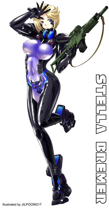 1girl assault_rifle bangs blonde_hair breasts character_name covered_navel covered_nipples gun hair_behind_ear head_tilt holding holding_gun holding_weapon jilpoong17 large_breasts looking_at_viewer muvluv muvluv_alternative muvluv_total_eclipse open_hand pilot_suit rifle short_hair solo standing standing_on_one_leg stella_bremer weapon