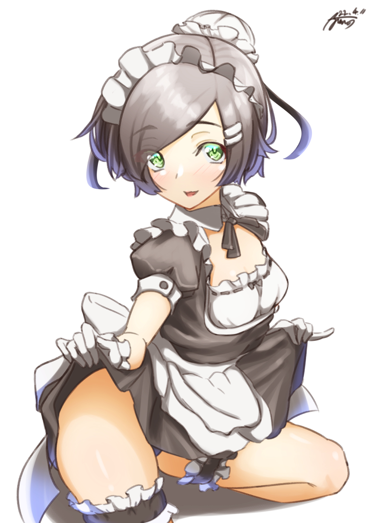 1girl alternate_costume apron ayuman black_dress black_hair bodice bun_cover commentary_request commission dress enmaided frilled_apron frills green_eyes hair_bun hair_ornament hairclip kantai_collection kuroshio_(kancolle) leg_garter maid maid_headdress short_hair simple_background skirt_hold solo white_apron white_background