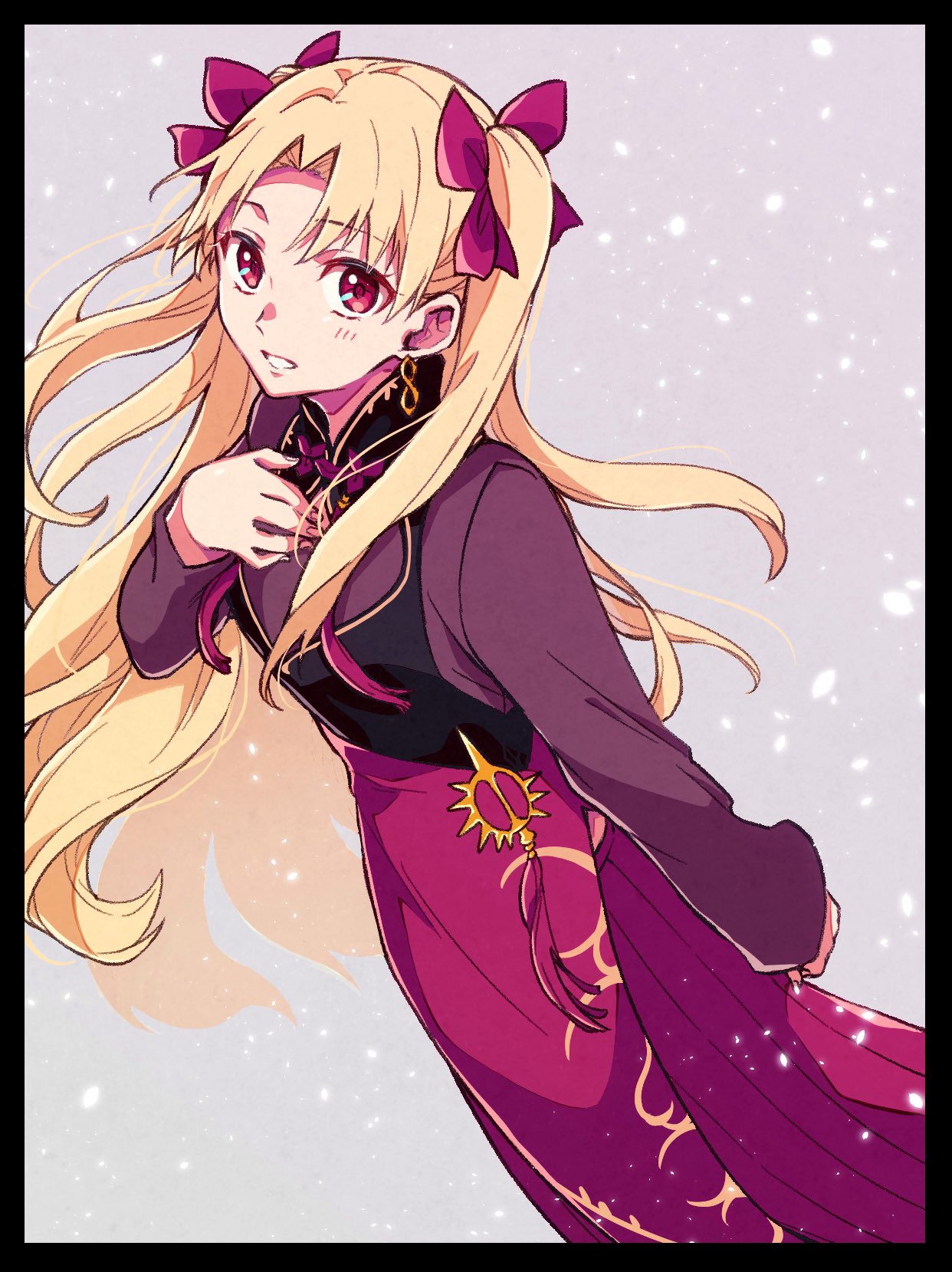 1girl arm_at_side bangs black_border blonde_hair blush border bow commentary earrings ereshkigal_(fate) ereshkigal_(youming_niangniang)_(fate) eyebrows_visible_through_hair fate/grand_order fate_(series) feet_out_of_frame gold_trim hair_bow hand_on_own_chest high_collar highres jewelry kotoko902 long_hair long_sleeves looking_at_viewer looking_up parted_bangs parted_lips red_bow red_eyes smile solo tassel two_side_up vietnamese_dress