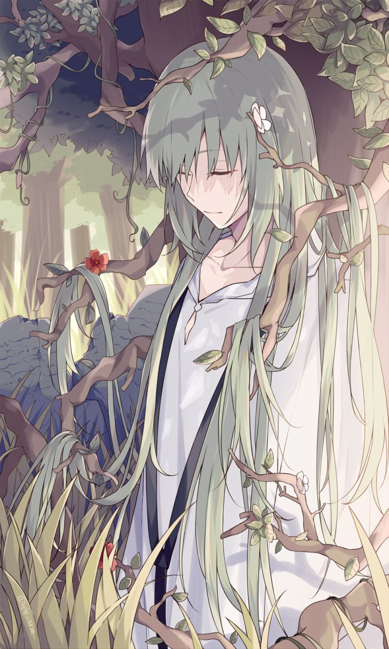 1other bangs branch closed_eyes closed_mouth collarbone commentary day enkidu_(fate) expressionless fate/grand_order fate/strange_fake fate_(series) flower grass green_hair highres leaf long_hair nature other_focus outdoors plant red_flower serirari solo tree upper_body very_long_hair vines white_flower white_robe