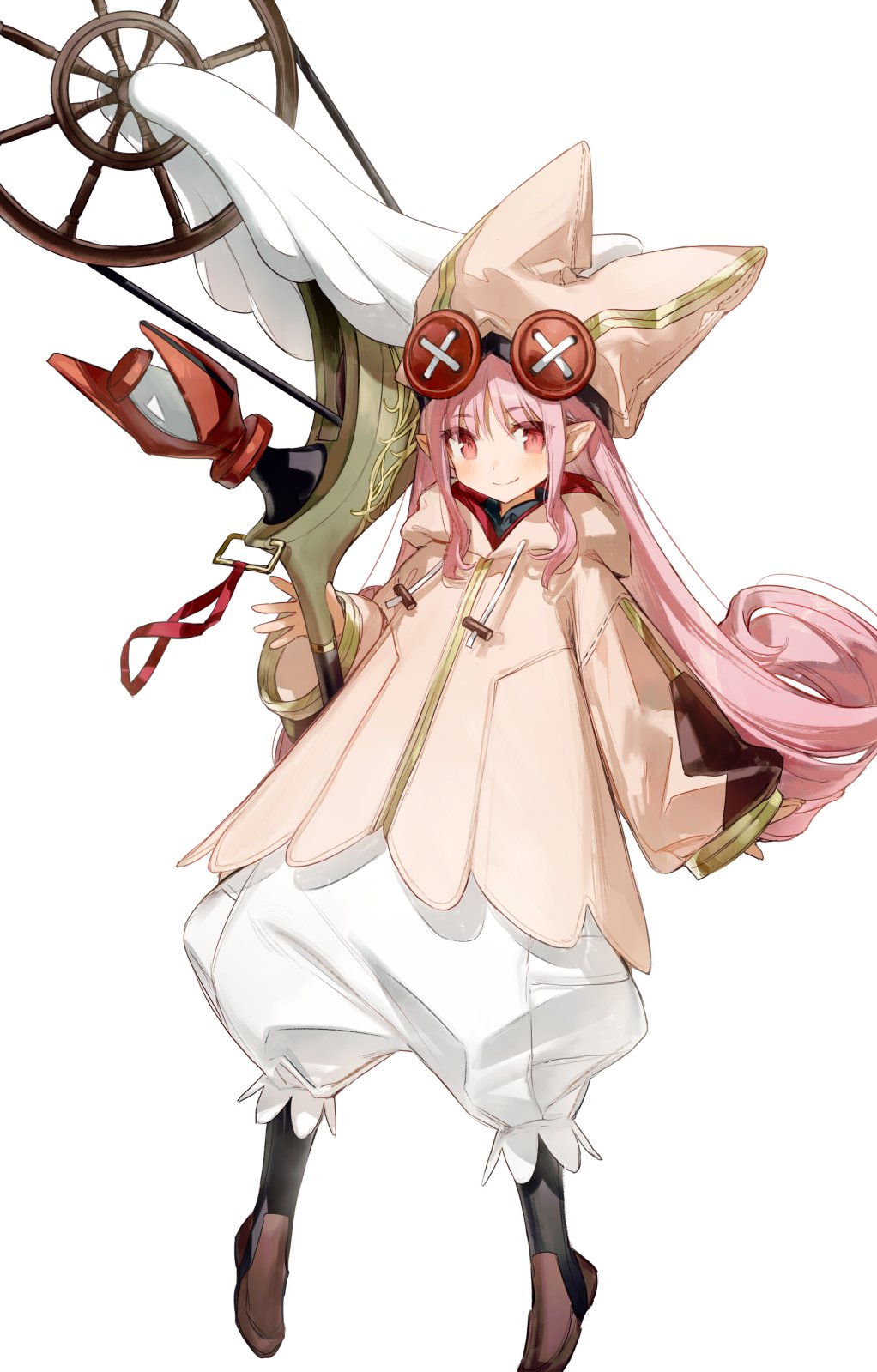 1girl baggy_pants black_legwear blush boots brown_coat brown_footwear chocoan coat drawstring eyebrows_visible_through_hair fate/grand_order fate_(series) habetrot_(fate) hat highres holding holding_staff hood hood_down hooded_coat hoodie long_hair looking_at_viewer pants pink_eyes pink_hair pointy_ears simple_background smile solo spinning_wheel staff white_background
