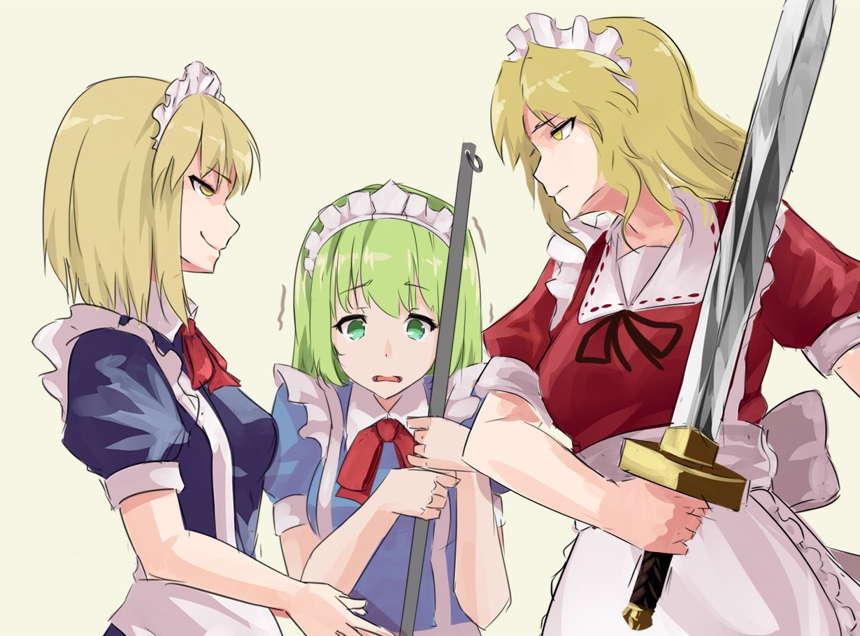 3girls apron ascot back_bow bangs black_ribbon blonde_hair blue_dress bow breasts broom closed_mouth collared_dress commentary_request dress eyebrows_visible_through_hair frilled_apron frilled_dress frills green_eyes green_hair holding holding_broom holding_sword holding_weapon kamiya_ueshi light_blue_dress maid_apron maid_headdress medium_breasts medium_hair mugetsu_(touhou) multiple_girls open_mouth puffy_short_sleeves puffy_sleeves red_ascot red_dress red_ribbon ribbon serious shirt short_hair short_sleeves simple_background smile sword touhou touhou_(pc-98) waist_apron weapon white_background worried yellow_eyes