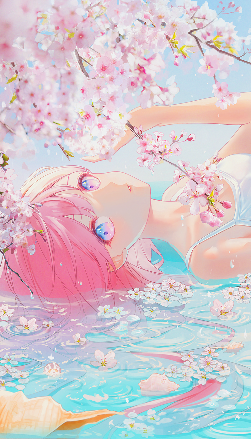 1girl bangs blue_eyes blurry cherry_blossoms collarbone commentary day eyebrows_behind_hair gradient_eyes hair_between_eyes hand_up highres lips lium long_hair looking_at_viewer lying multicolored_eyes on_back original parted_lips pink_eyes pink_hair sideways solo spaghetti_strap sunlight upper_body water waves
