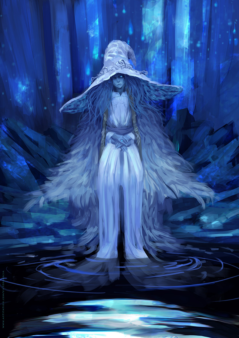 1girl blue_eyes blue_skin blue_theme cloak closed_mouth colored_skin dress elden_ring extra_arms fur_cloak glowing glowing_eyes hat head_tilt long_dress looking_at_viewer monochrome one_eye_closed ranni_the_witch ripples sitting soaking_feet solo victor_garcia white_dress white_headwear witch_hat