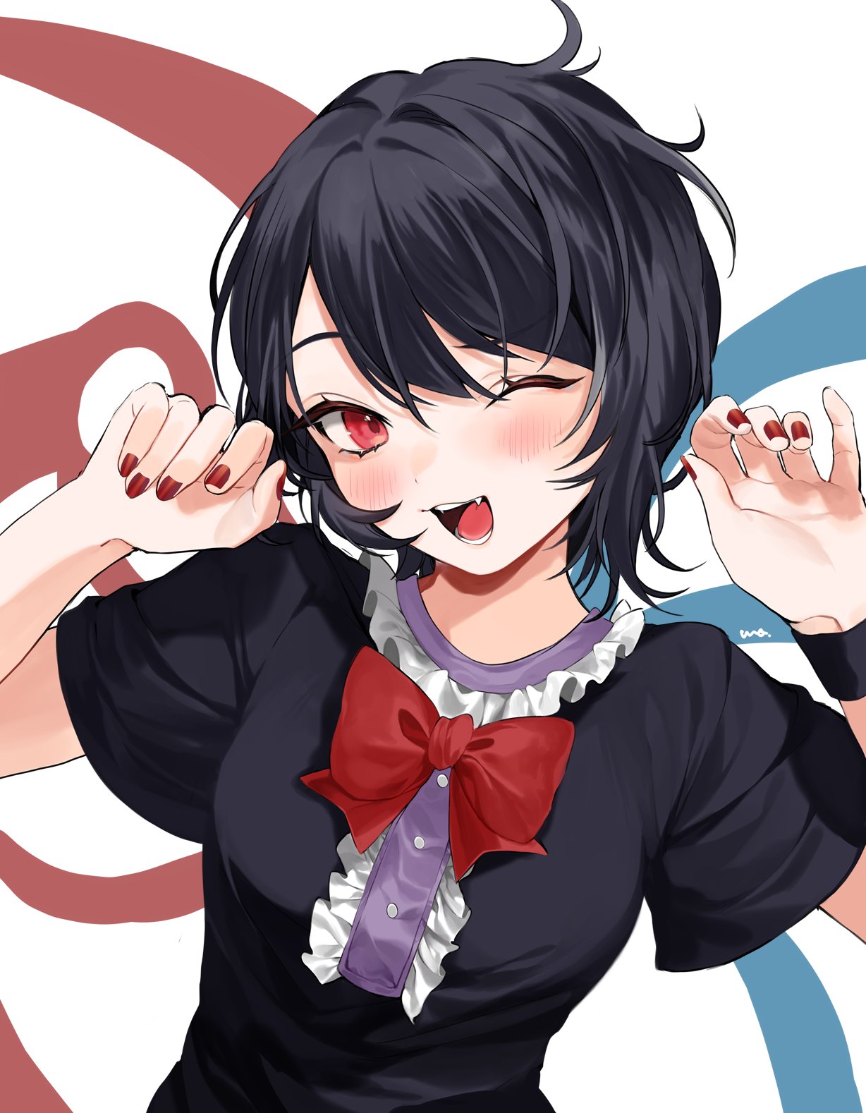 1girl ;d asymmetrical_wings bangs black_dress black_hair blue_wings blush bow bowtie breasts center_frills dress eyebrows_visible_through_hair fang fangs fingernails frills hands_up highres houjuu_nue makita_(vector1525) nail_polish one_eye_closed open_mouth red_bow red_eyes red_nails red_wings short_hair short_sleeves simple_background smile snake solo touhou upper_body white_background wings wristband