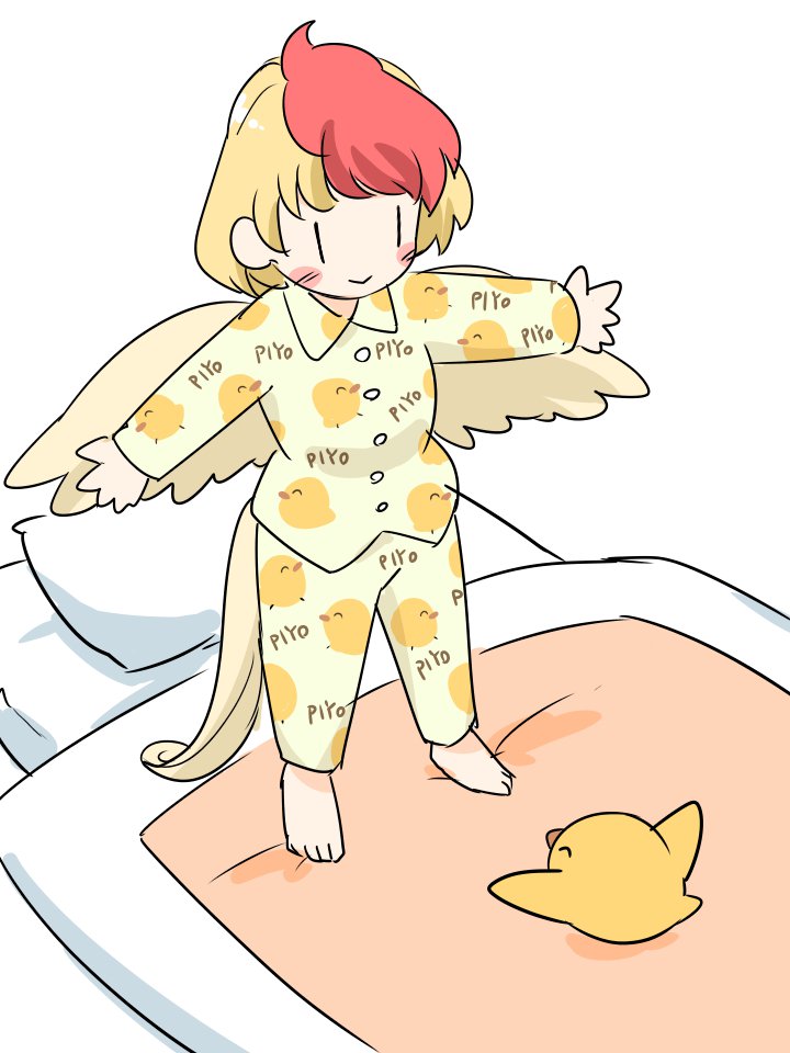 1girl :&gt; alternate_costume barefoot bird blonde_hair blush blush_stickers chick futon itatatata long_sleeves multicolored_hair niwatari_kutaka on_bed outstretched_arms pajamas redhead short_hair simple_background touhou white_background wings |_|