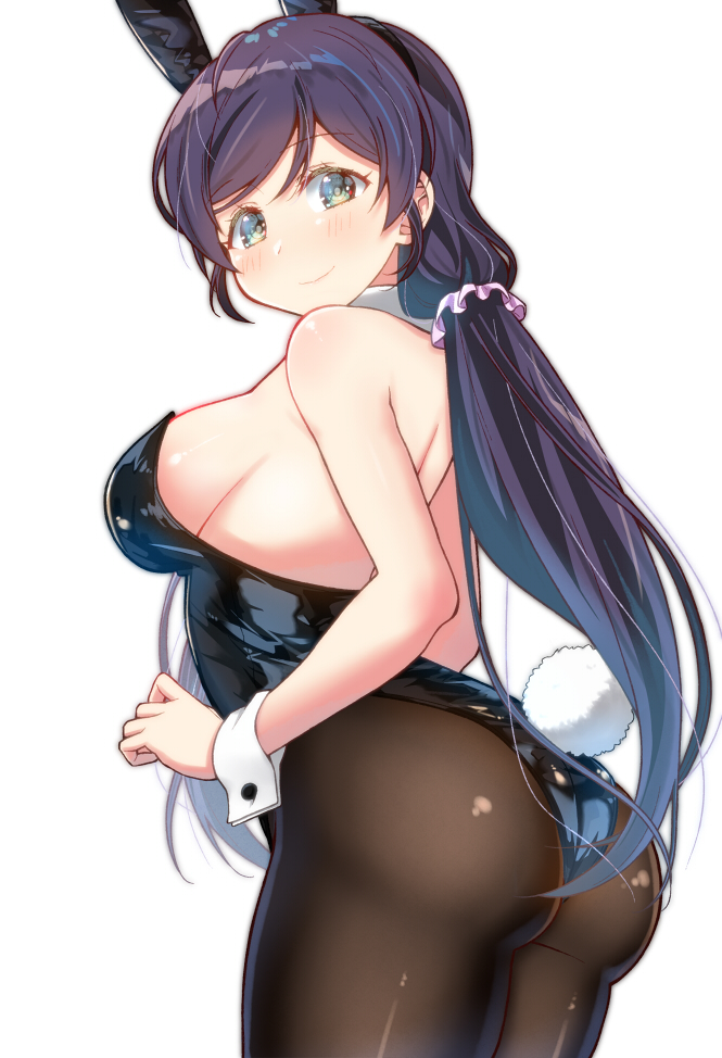 1girl animal_ears aqua_eyes ass bangs black_legwear black_leotard breasts cowboy_shot detached_collar from_behind large_breasts leotard long_hair love_live! love_live!_school_idol_project low_twintails pantyhose parted_bangs playboy_bunny purple_hair rabbit_ears rabbit_tail scrunchie simple_background skull573 solo standing strapless strapless_leotard swept_bangs tail toujou_nozomi twintails white_background wrist_cuffs