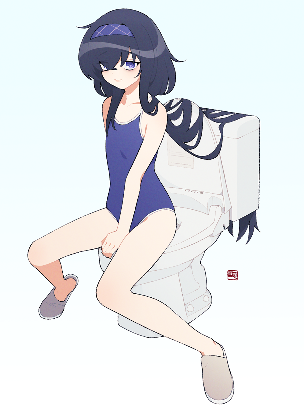 1girl arm_between_legs bangs black_hair blue_archive blue_swimsuit collarbone flat_chest full_body gradient gradient_background hairband highres long_hair looking_at_viewer one-piece_swimsuit school_swimsuit signature simple_background sitting slippers solo swimsuit thighs toilet ui_(blue_archive) violet_eyes yan_wan
