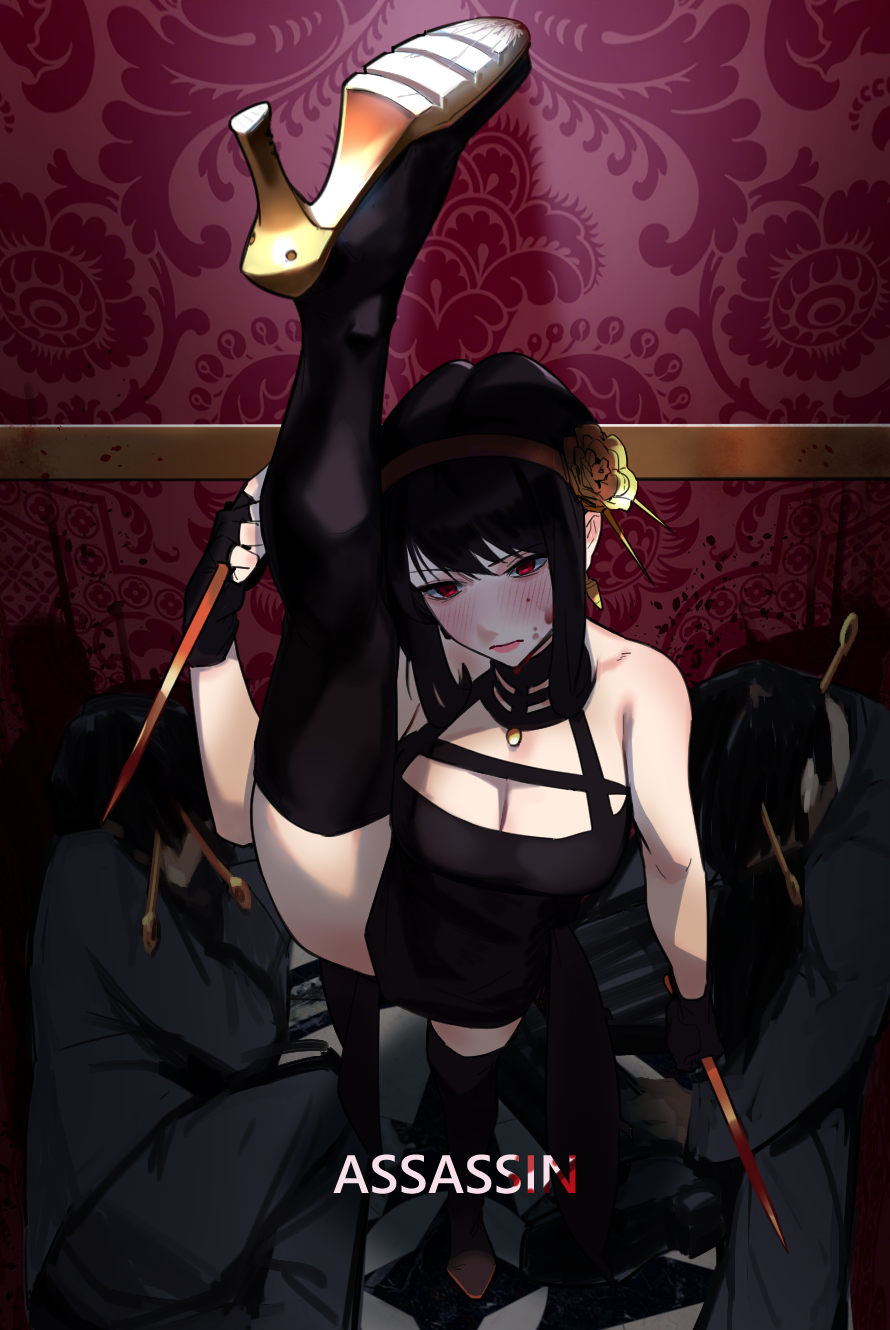 1girl black_dress black_footwear black_gloves black_hair blood blood_on_weapon boots breasts dagger dress dual_wielding fingerless_gloves gloves gold_hairband high_heel_boots high_heels highres holding holding_dagger holding_weapon hong_doo knife large_breasts leg_lift leg_up red_eyes sleeveless sleeveless_dress split spy_x_family standing standing_on_one_leg standing_split thigh-highs thigh_boots weapon yor_briar