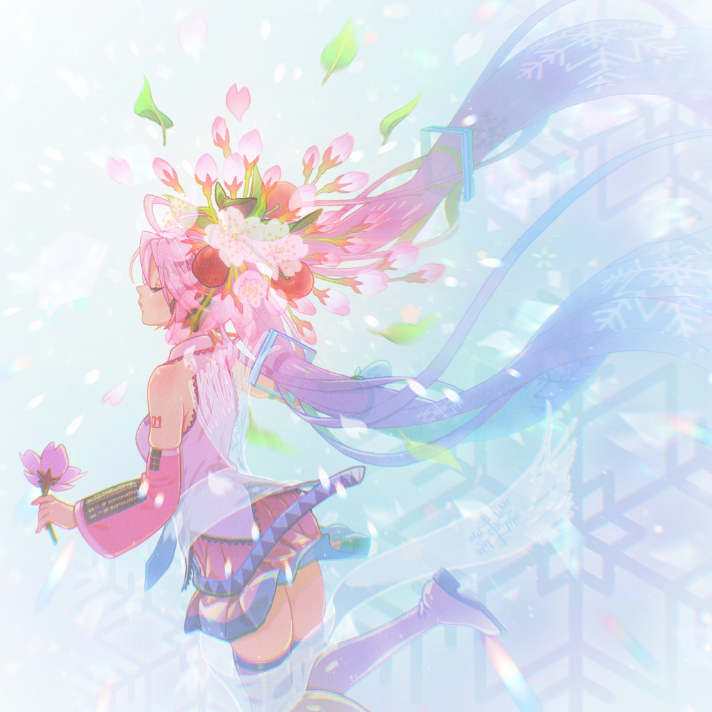 1girl arm_tattoo bare_shoulders blue_hair blush boots bud chagashi cherry cherry_blossoms closed_eyes detached_sleeves feet_out_of_frame floating_hair flower food from_behind fruit fruit_hair_ornament gradient_hair hair_flower hair_ornament hatsune_miku headphones holding holding_flower jumping leaf long_hair miniskirt multicolored_hair petals pink_flower pink_hair pleated_skirt profile sakura_miku scarf scarf_removed see-through skirt snowflake_print snowflakes snowing solo square tattoo thigh-highs thigh_boots transformation twintails two-tone_hair very_long_hair vocaloid yuki_miku