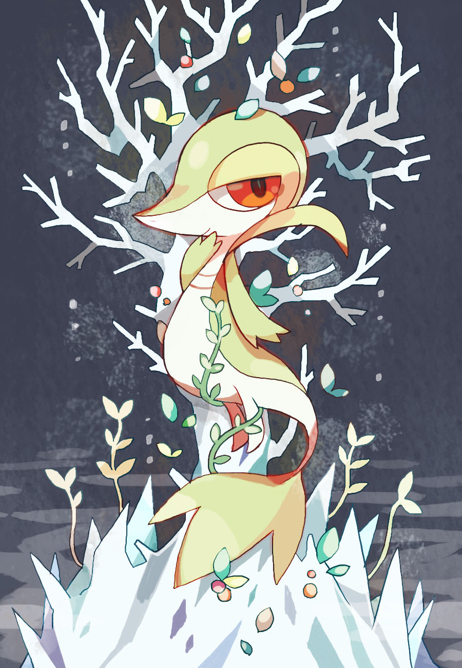 akadako animal_focus bare_tree blue_background closed_mouth commentary_request dated_commentary full_body half-closed_eyes hand_to_own_mouth hand_up happy highres looking_at_viewer no_humans one-hour_drawing_challenge partial_commentary petals plant pokemon pokemon_(creature) red_eyes smile snivy solo standing tree vines