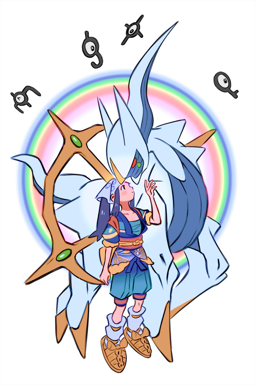 1girl akari_(pokemon) arceus black_hair forehead-to-forehead head_scarf heads_together highres horns japanese_clothes looking_up mangoshake official_alternate_costume pokemon pokemon_(creature) pokemon_(game) pokemon_legends:_arceus rainbow sarashi simple_background unown unown_e unown_j unown_q unown_x