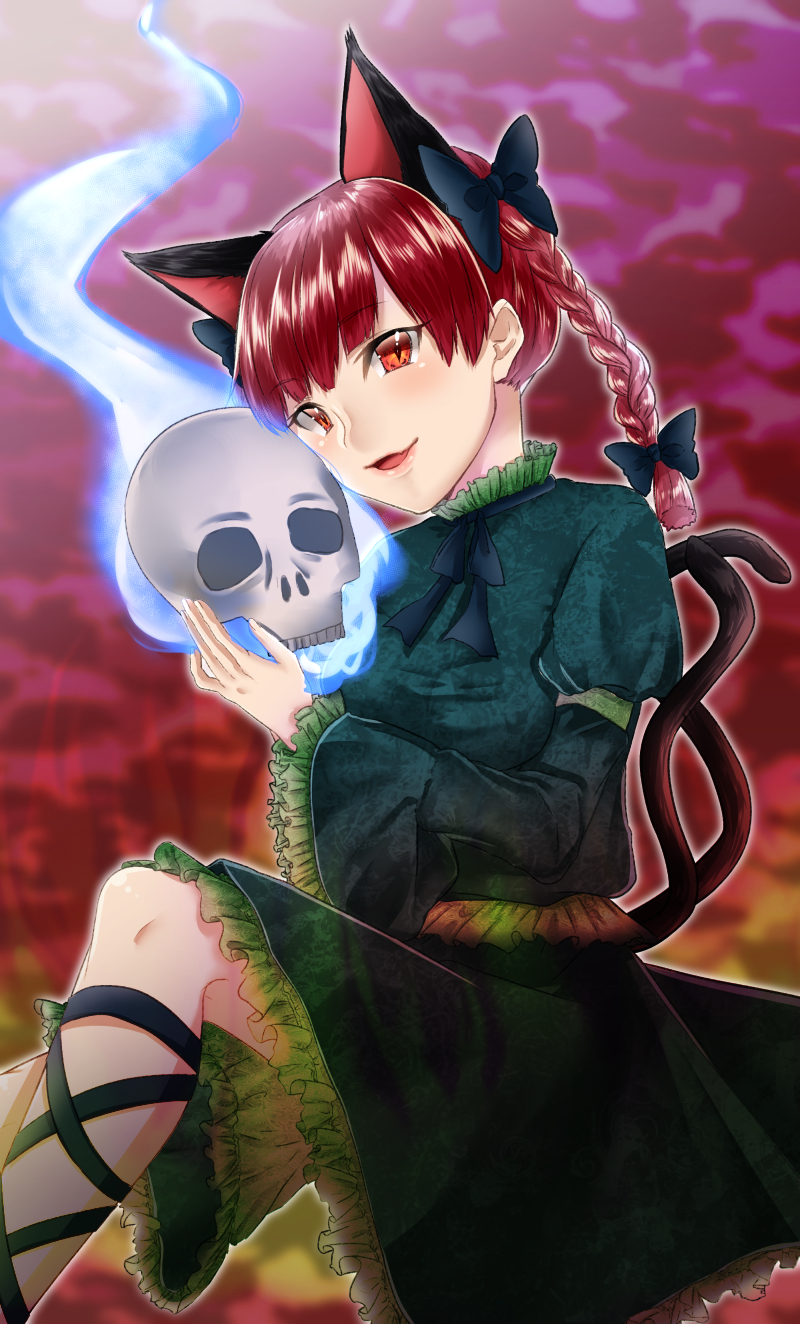 1girl animal_ears black_bow bow braid cat_ears cat_tail dress extra_ears fang feet_out_of_frame flaming_skull floating_skull green_dress hair_bow highres hitodama kaenbyou_rin leg_ribbon light_blush long_sleeves looking_at_viewer multiple_tails open_mouth outer_glow red_eyes redhead ribbon sakurai_toki sitting skin_fang skull smile solo tail touhou twin_braids