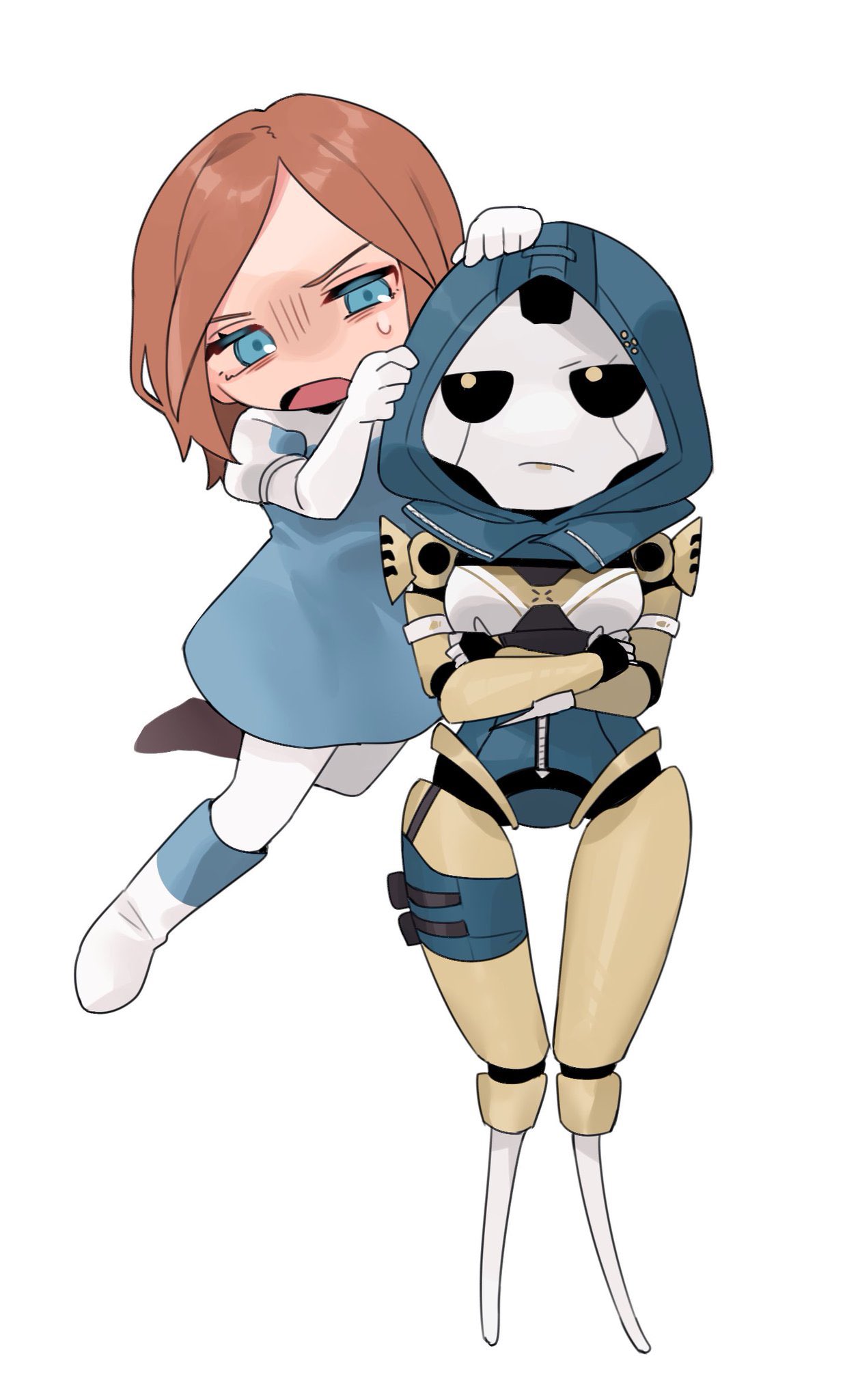 2girls android annoyed apex_legends ash_(titanfall_2) ashleigh_reid black_hair black_sclera blue_dress blue_eyes colored_sclera crossed_arms dress dual_persona gloves hands_on_another's_head highres hood hood_up multiple_girls nagoooon_114 shaded_face simulacrum_(titanfall) sweatdrop v-shaped_eyebrows white_background white_gloves yellow_eyes