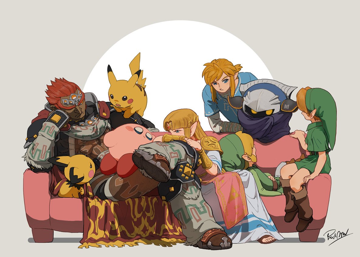1girl arm_on_knee armor artist_name assemblerones bandaged_arm bandages belt belt_collar blonde_hair blue_eyes blush boots cape child collar collared_shirt couch crown dark-skinned_male dark_skin dress dress_shirt ganondorf gauntlets gerudo gloves glowing glowing_eyes hand_on_own_face hat kirby kirby_(series) leather_belt leg_armor link long_hair long_sideburns long_skirt long_sleeves looking_at_another lying mask mature_male meta_knight multiple_boys muscular muscular_male on_back one_eye_closed pichu pikachu pointy_ears pointy_hat pointy_nose pokemon pokemon_(game) princess_zelda redhead sandals shirt short_sleeves shoulder_armor shoulder_pads sideburns sitting skirt spiky_hair super_smash_bros. t-shirt the_legend_of_zelda thick_eyebrows tight toon_link tunic yellow_eyes young_link