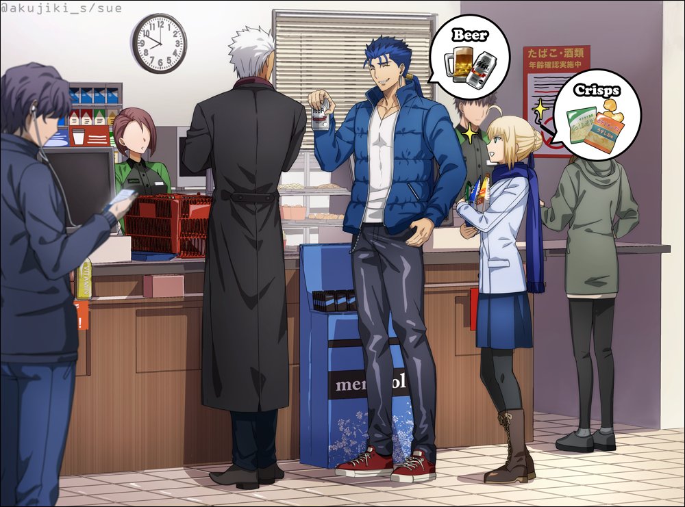 ahoge akujiki59 alcohol archer_(fate) artist_name artoria_pendragon_(fate) back basket beer beer_can black_eyes blonde_hair blue_hair boots bottle can cashier clock closed_eyes coat collared_coat collared_jacket crossed_arms cu_chulainn_(fate) cu_chulainn_(fate/stay_night) dark-skinned_male dark_skin denim digital_media_player ear_piercing earrings faceless faceless_female faceless_male fate/stay_night fate_(series) food headphones hood hoodie jacket jeans jewelry long_hair looking_at_another muscular muscular_male open_clothes open_jacket open_mouth pants pectorals piercing ponytail saber scarf shelf shirt shop shopping_basket sign skirt smirk snack socks socks_over_thighhighs sparkle speech_bubble spiky_hair stud_earrings t-shirt teeth tight twitter_username unzipped white_hair window