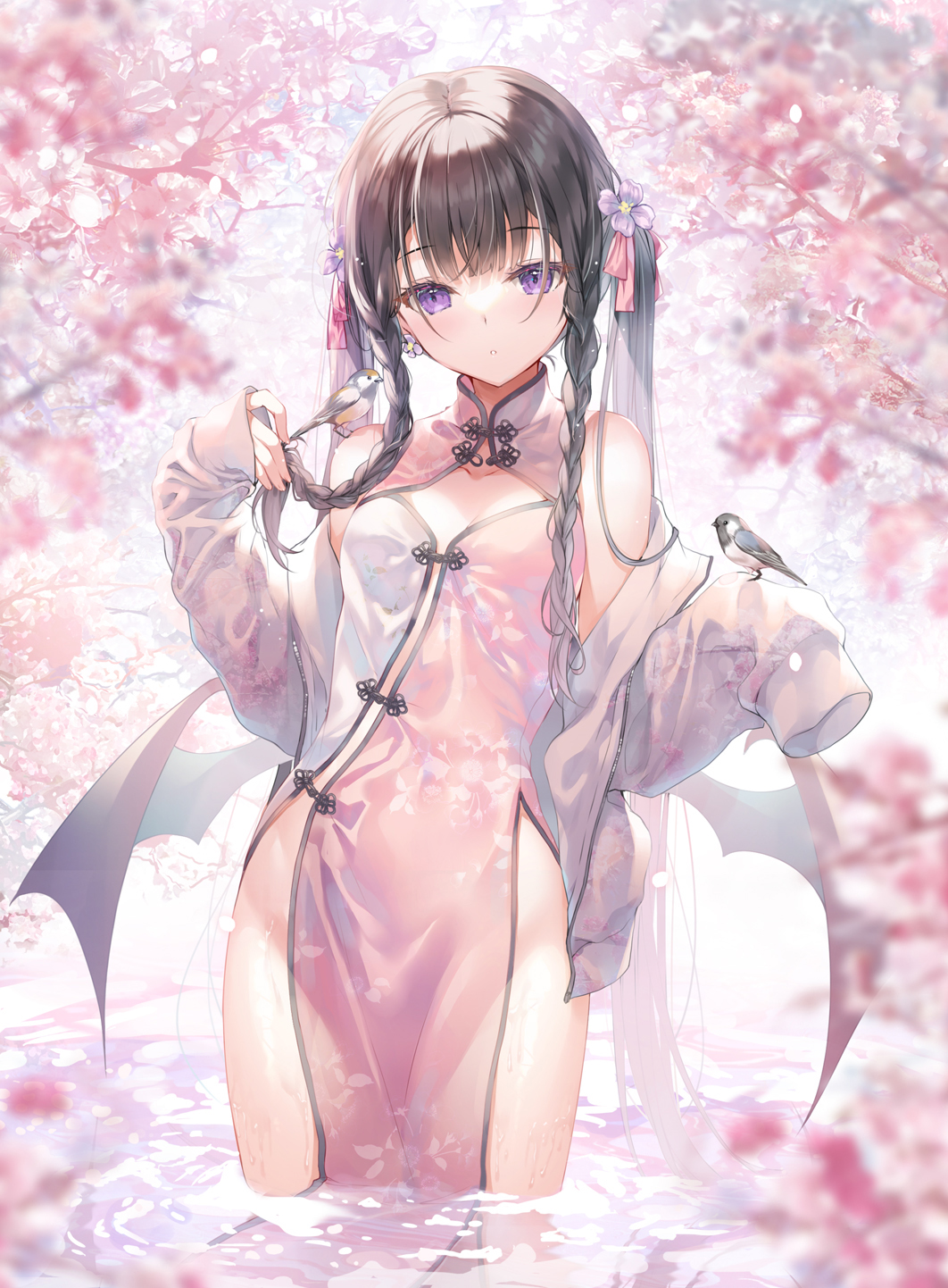 1girl animal bare_shoulders bird black_hair braid breasts china_dress chinese_clothes cleavage_cutout clothing_cutout dress flower hair_flower hair_ornament hands_up highres holding holding_hair hummingbird jacket long_hair long_sleeves looking_at_viewer low_wings miwabe_sakura no_bra no_panties off_shoulder open_clothes open_jacket original parted_lips pelvic_curtain pink_dress revealing_clothes sleeveless sleeveless_dress small_breasts solo standing thighs twin_braids twintails very_long_hair violet_eyes wading water wet wet_jacket white_jacket wings