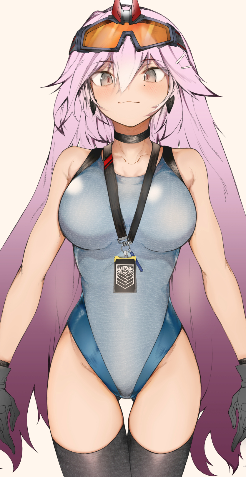 1girl :3 bangs black_choker black_gloves blush breasts choker closed_mouth competition_swimsuit earrings ekuesu girls_frontline gloves goggles goggles_on_head gradient_hair hair_between_eyes hair_ornament hairclip highres id_card jewelry lanyard large_breasts long_hair mole mole_under_eye multicolored_hair one-piece_swimsuit pink_hair purple_hair sig_mcx_(girls'_frontline) simple_background solo swimsuit very_long_hair white_hair yellow_background