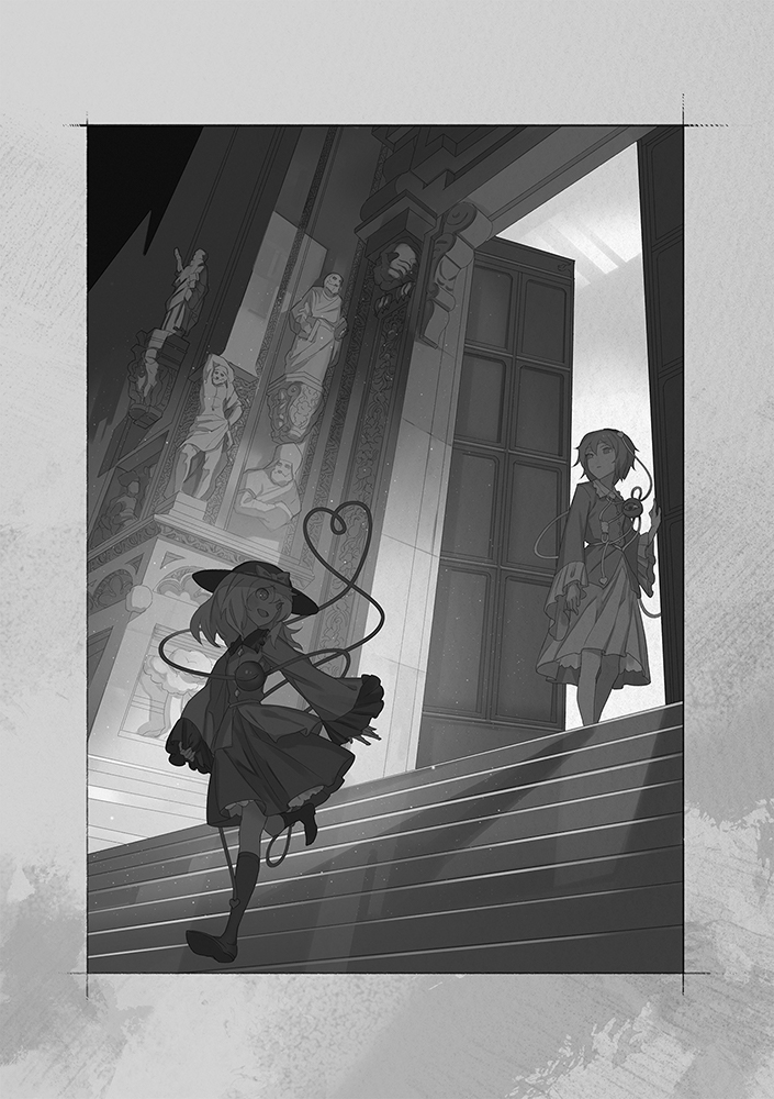 2girls :d :| blouse buttons closed_mouth commentary diamond_button door frilled_sleeves frills greyscale hair_between_eyes hair_ornament hairband hat heart heart_button heart_hair_ornament heart_of_string indoors komeiji_koishi komeiji_satori long_sleeves looking_at_another looking_back monochrome multiple_girls open_mouth short_hair siblings sisters skirt smile stairs standing statue third_eye touhou wide_sleeves yamamomo_(plank)